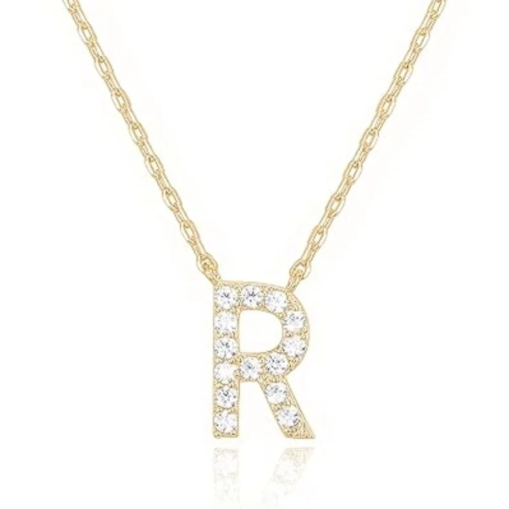 14K Yellow Gold Initial Necklace Letter Dainty Diamond Gift Present P - Z
